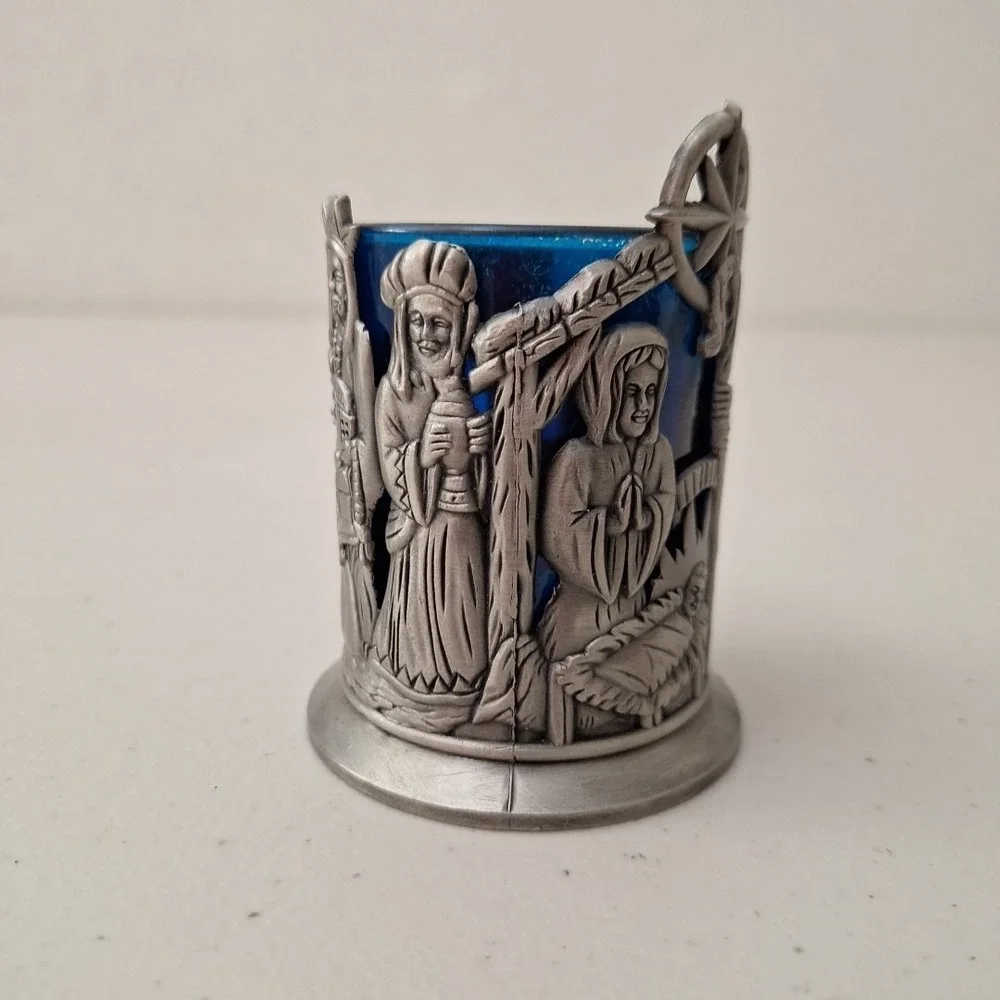 VTG Nativity Scene Pewter Blue Glass Notive Candle Holder MADE TAIWAN 3.5